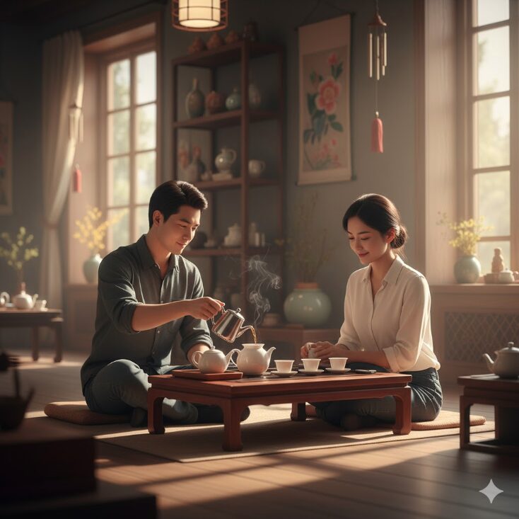 かな中国茶専門店で、木製のテーブルに置かれた伝統的な白磁の茶器セット。小さな茶杯に温かい中国茶が注がれているリラックスした風景