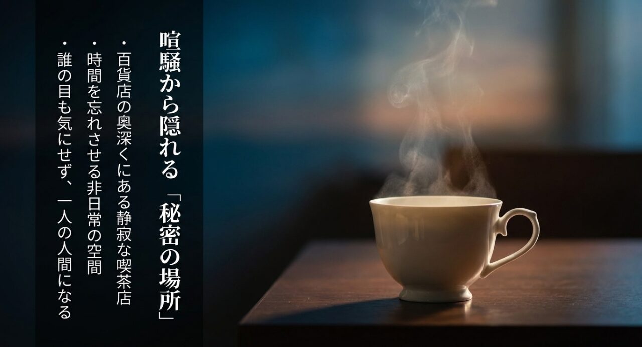 喧騒から隠れる「秘密の場所」。百貨店の奥にある静かな喫茶店で、誰の目も気にせず一人の人間になる非日常空間