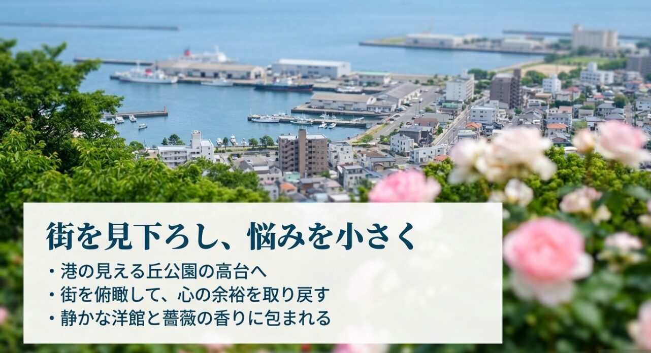 街を見下ろし、悩みを小さく。港の見える丘公園の高台から街を俯瞰し、静かな洋館と薔薇の香りに包まれ