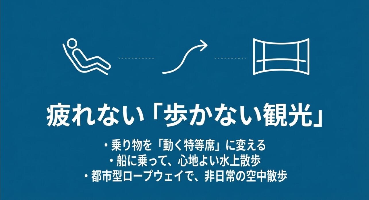 疲れない「歩かない観光」。船や都市型ロープウェイを「動く特等席」に変えて楽しむ水上・空中散歩のアイコン図解