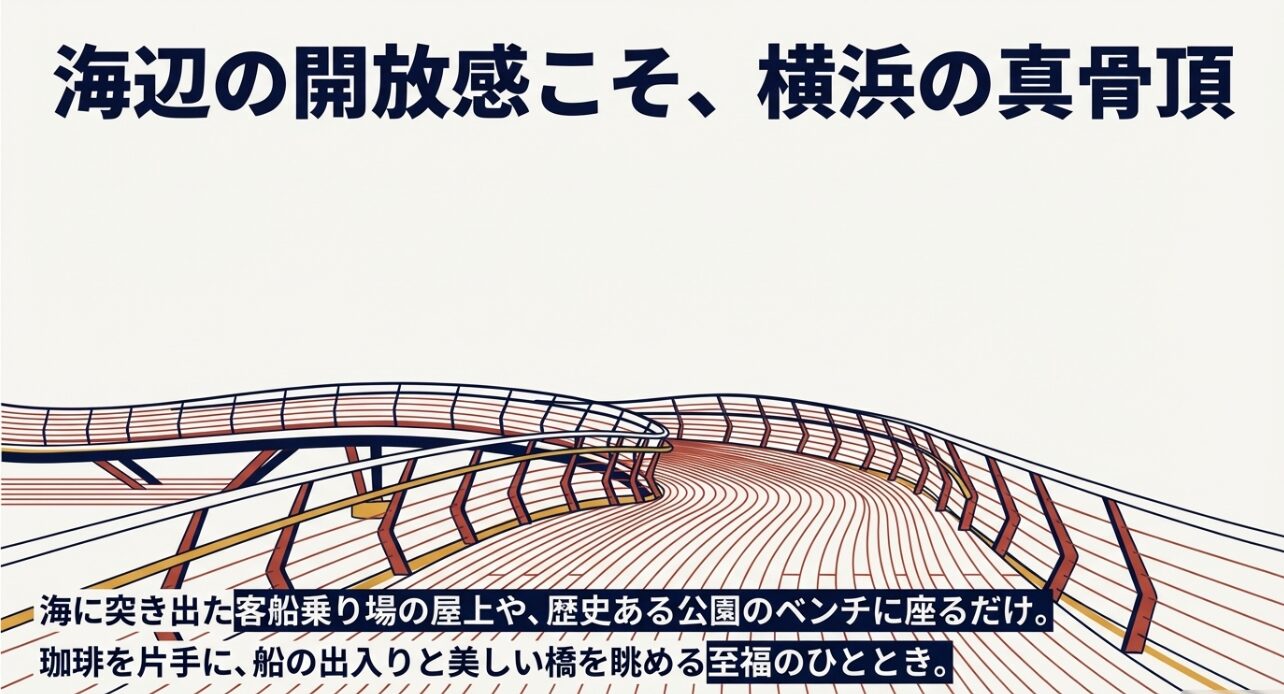 海辺の開放感こそ横浜の真骨頂。客船乗り場の屋上や公園のベンチで、コーヒーを片手に船を眺める贅沢。