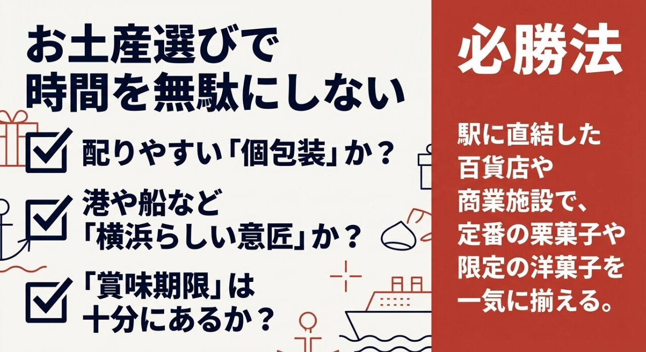 横浜土産選びで時間を無駄にしないコツ。個包装、横浜らしい意匠、賞味期限の確認。駅直結施設で一気に揃える。