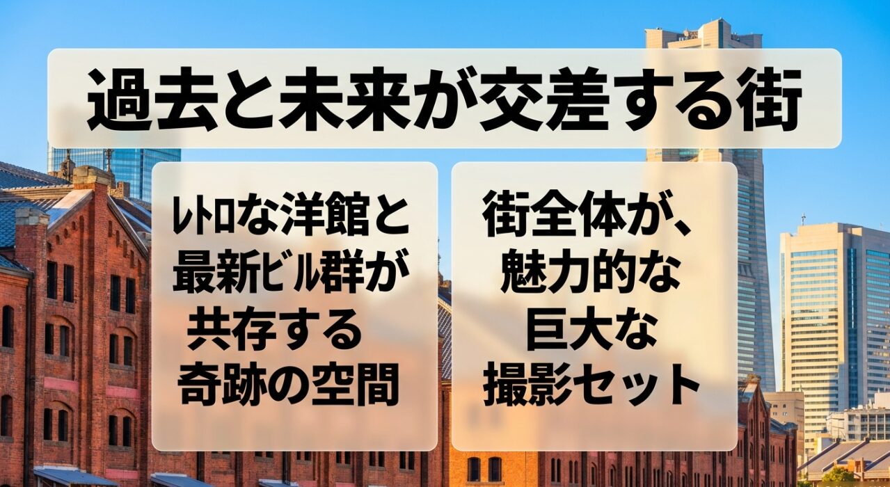 レトロな洋館と最新ビル群が共存する巨大な撮影セットとしての横浜の魅力を示すスライド