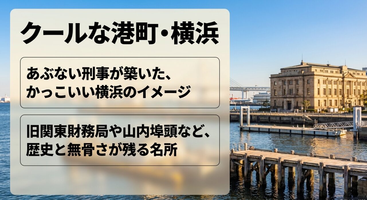 あぶない刑事が築いたかっこいい横浜のイメージと、旧関東財務局や山内埠頭などの歴史と無骨さが残る名所を紹介するスライド