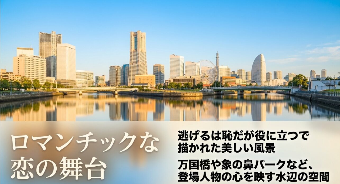 逃げるは恥だが役に立つで描かれた万国橋や象の鼻パークなど、登場人物の心を映す水辺の空間を示すスライド