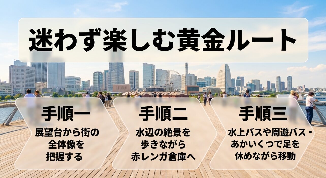 展望台、水辺から赤レンガ倉庫、水上バスや周遊バスでの移動という、横浜ロケ地巡りの3つの手順を示すスライド