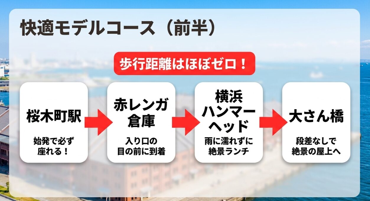 桜木町駅、赤レンガ倉庫、横浜ハンマーヘッド、大さん橋を巡るあかいくつの快適モデルコース前半