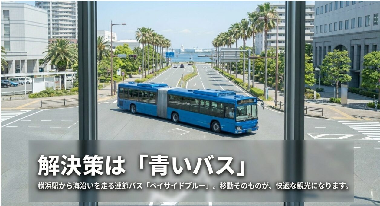 横浜駅から海沿いを走る青い連節バス「ベイサイドブルー」の外観