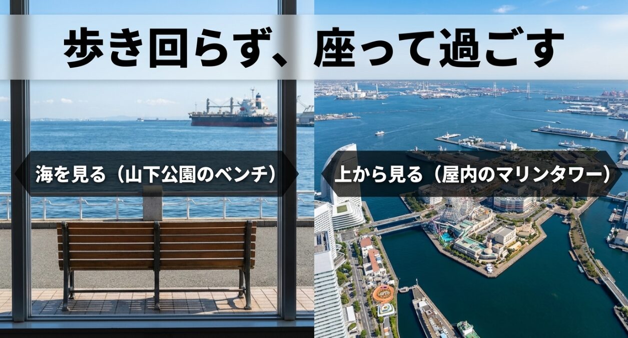 山下公園のベンチや横浜マリンタワーなど、歩き回らず座って過ごす横浜観光の提案