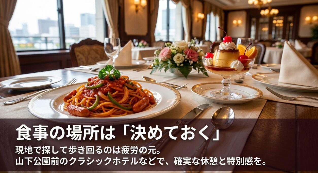 横浜観光で歩き回らないための事前準備として、山下公園前のクラシックホテルなど食事場所を決めておく提案