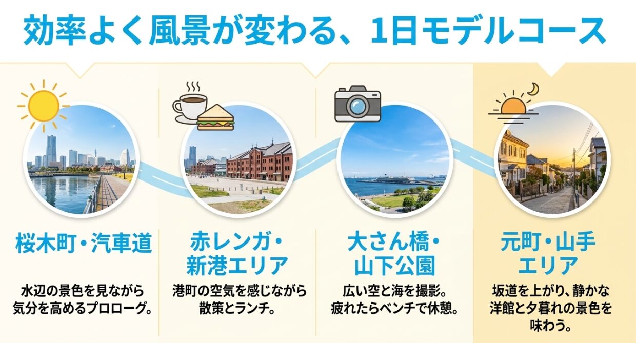 桜木町から赤レンガ、大さん橋を経て元町・山手へ向かう横浜アニメ聖地巡礼の1日モデルコースのスライド