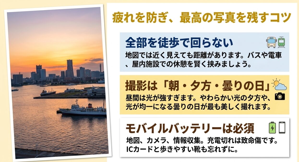 聖地巡礼で歩き疲れを防ぐ移動のコツ、写真撮影に適した時間帯、必須の持ち物をまとめたスライド