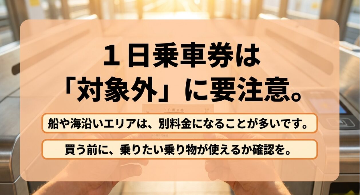 船や海沿いエリアは1日乗車券の対象外になることが多いという注意点のスライド
