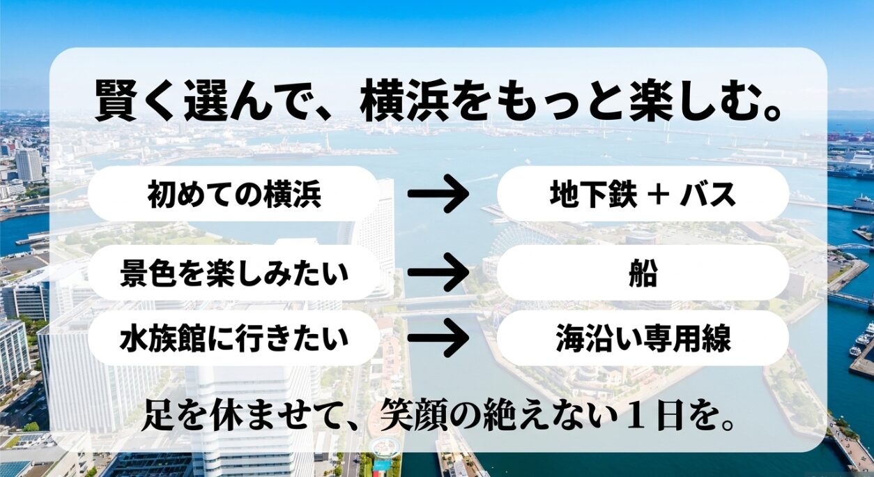 初めての横浜・景色重視・水族館など目的別の乗り物選びをまとめたスライド