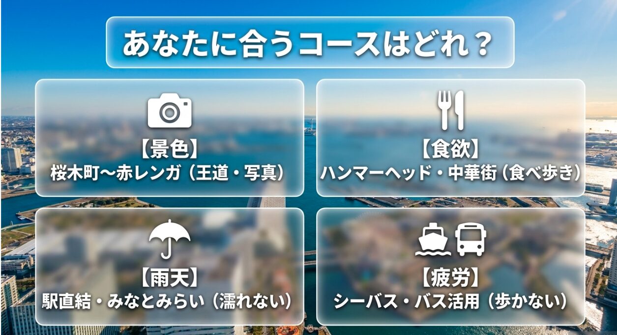 景色、食欲、雨天、疲労など目的に合わせた横浜観光3時間コースの選び方