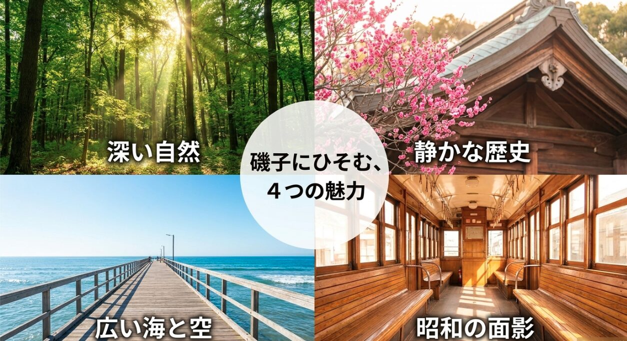 磯子区の4つの魅力である深い自然、静かな歴史、広い海と空、昭和の面影