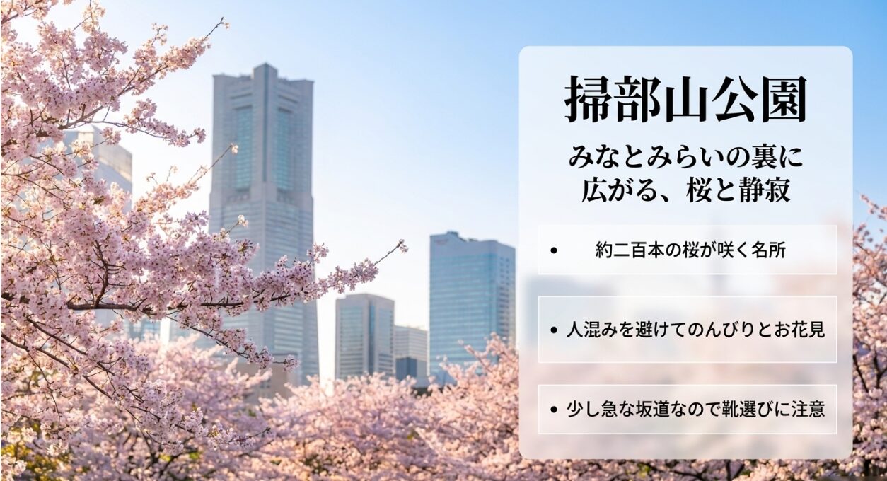 みなとみらいの裏手にある掃部山公園の桜と静かな風景