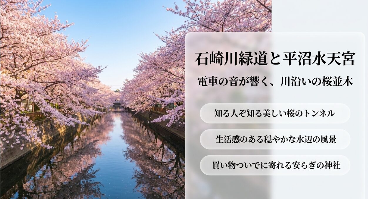 電車の音が響く石崎川緑道の美しい桜並木と穏やかな風景