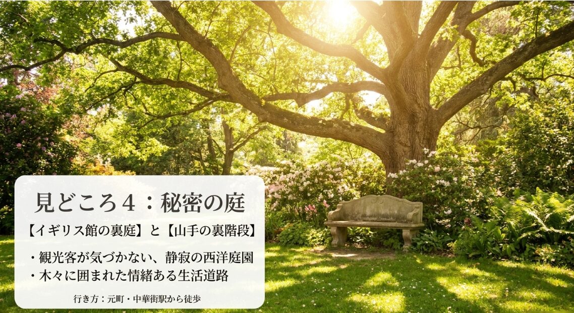 見どころ4「秘密の庭」。観光客が気づかない静寂の西洋庭園であるイギリス館の裏庭と、木々に囲まれた情緒ある生活道路である山手の裏階段の紹介スライド