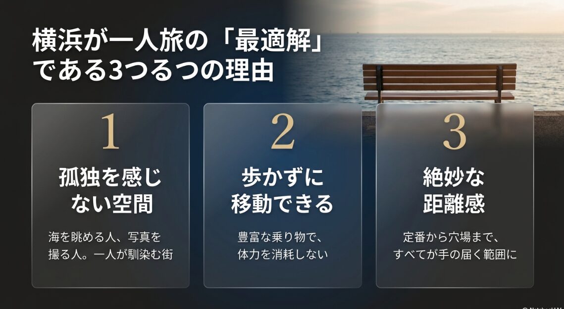 横浜が一人旅の「最適解」である3つの理由。1.孤独を感じない空間、2.歩かずに移動できる、3.絶妙な距離感