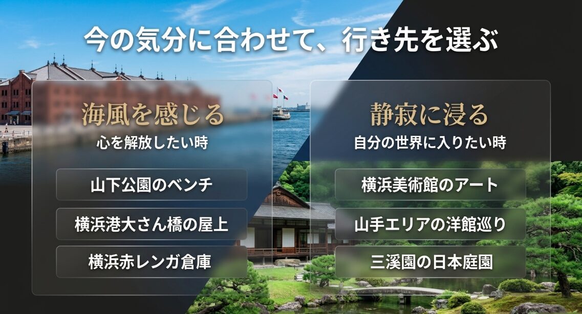 今の気分に合わせて、行き先を選ぶ。海風を感じて心を解放したい時は山下公園や横浜赤レンガ倉庫へ。静寂に浸り自分の世界に入りたい時は横浜美術館や三溪園へ。