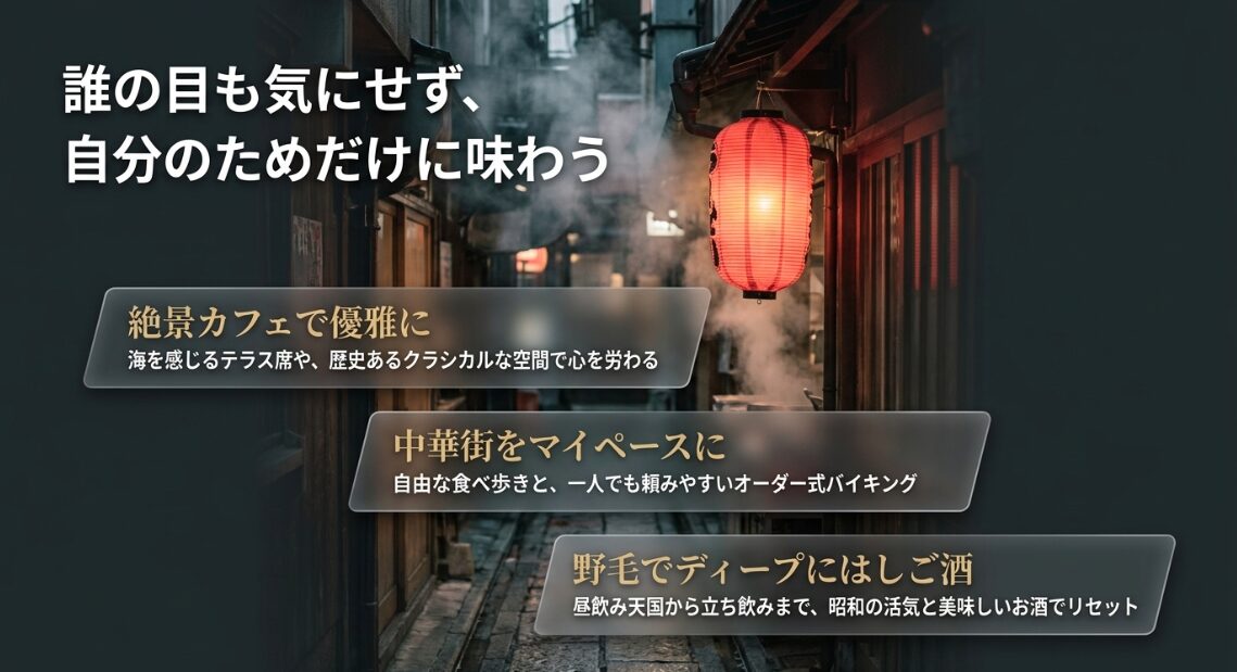 誰の目も気にせず、自分のためだけに味わう。絶景カフェで優雅に、中華街をマイペースに、野毛でディープにはしご酒