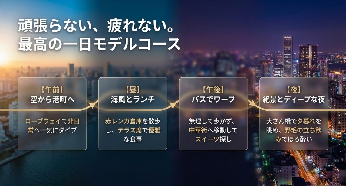 頑張らない、疲れない。最高の一日モデルコース。午前はロープウェイ、昼は赤レンガ倉庫でランチ、午後はバスで中華街へ、夜は大さん橋と野毛を楽しむ