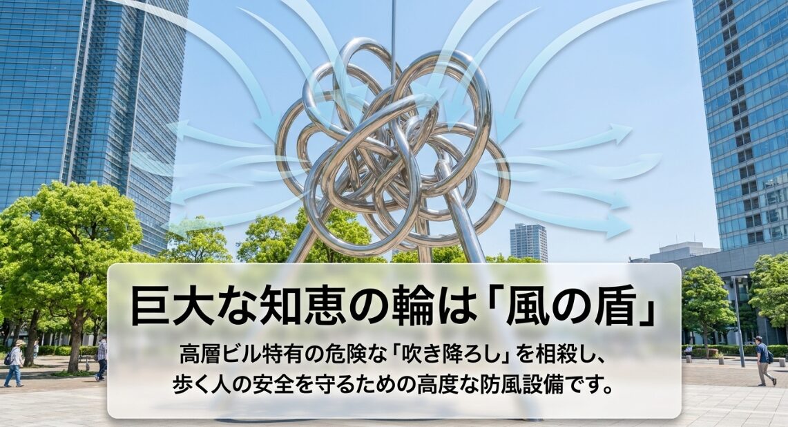 巨大な知恵の輪のようなオブジェが高層ビルのビル風を防ぐ防風設備であることを解説した図