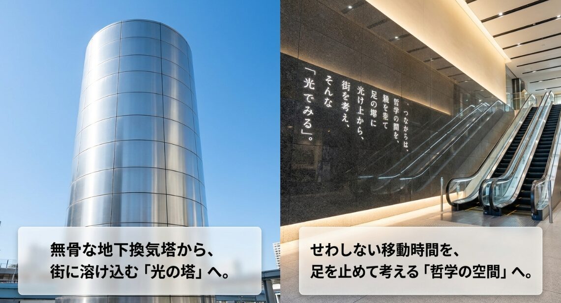 地下換気塔が光の塔へ、移動空間が哲学の空間へとアートによって再生されたことを示すイメージ