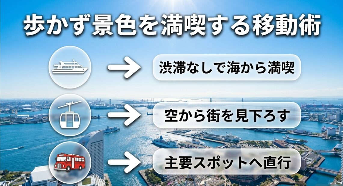 水上バスやロープウェイなどを活用して、歩かずに横浜の景色を満喫する移動手段の紹介