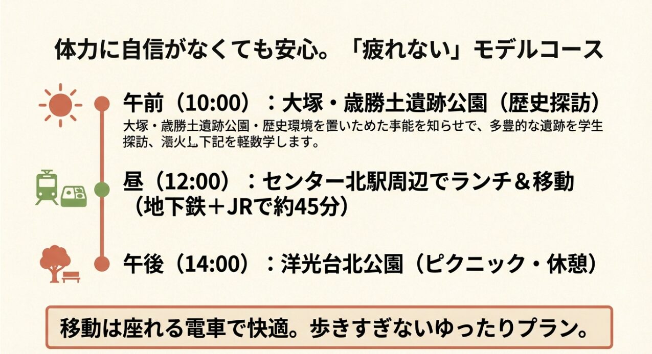 午前中に大塚・歳勝土遺跡公園、午後に洋光台北公園を巡る、移動時間を考慮したゆったりとした行程表 。