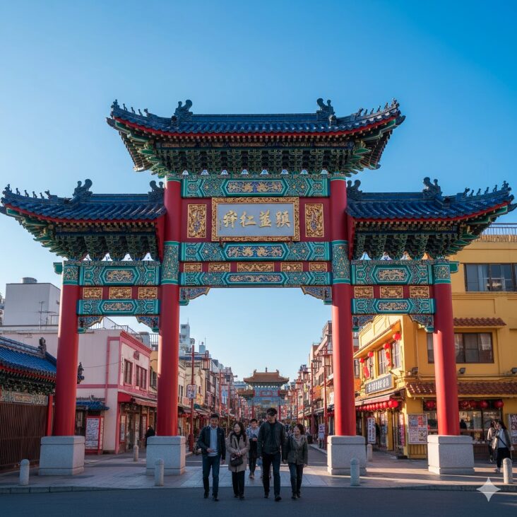 晴れた青空の下にそびえ立つ、横浜中華街の象徴的な入り口である善隣門