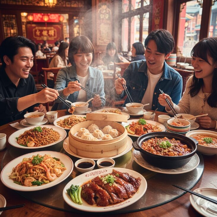 横浜中華街のレストランのテーブルに並べられた本格中華料理