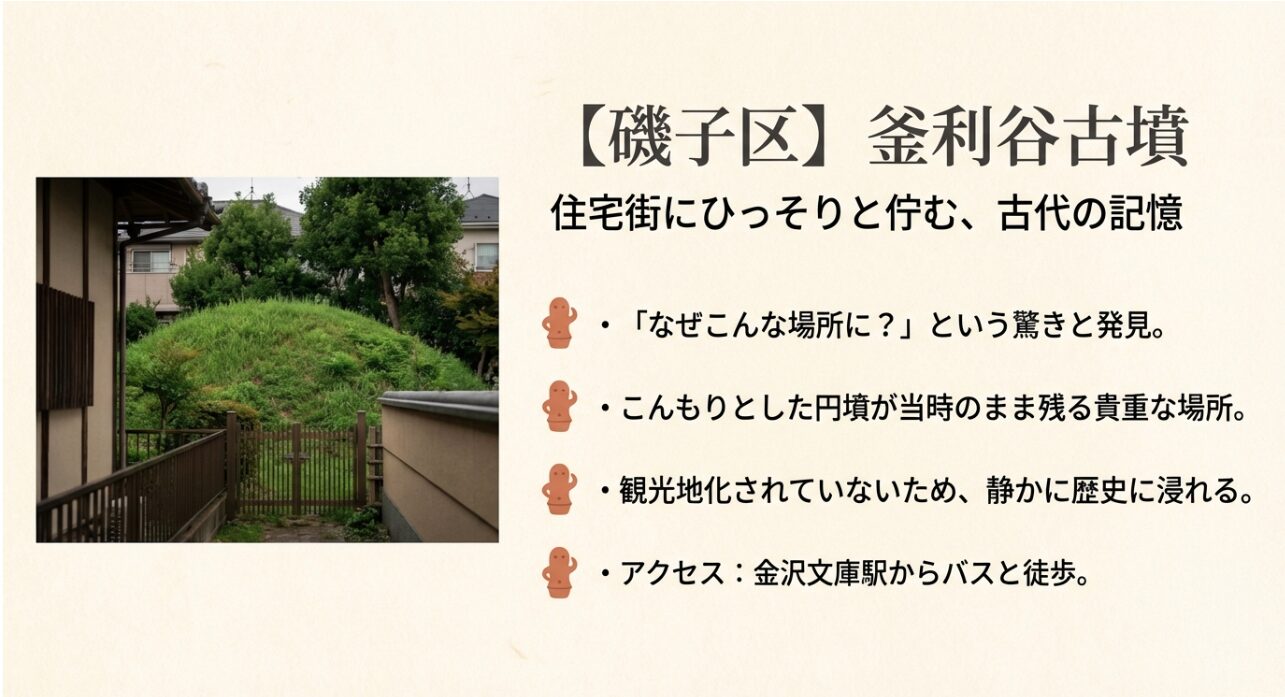 現代的な住宅のすぐ隣に、こんもりとした緑の円墳が当時のまま残る釜利谷古墳の写真 。観光地化されていない静かなスポット 。