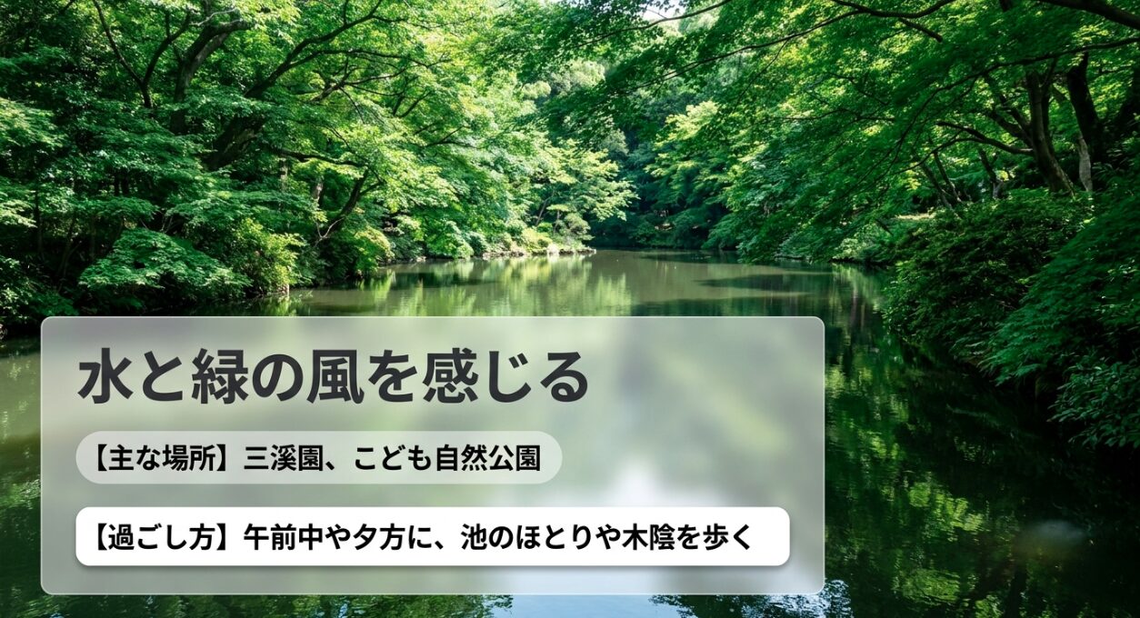 午前中や夕方に池のほとりや木陰を歩き、水と緑の風を感じる場所として三溪園やこども自然公園を紹介するスライド。