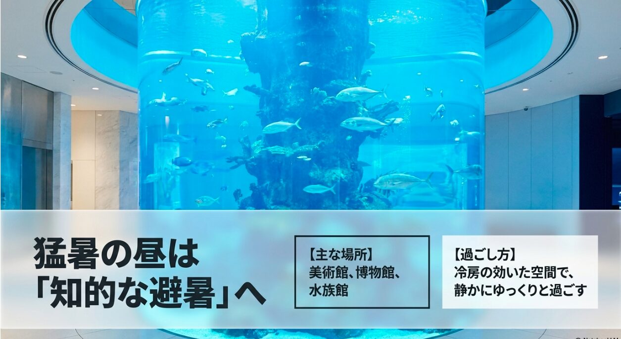 猛暑の昼に美術館や博物館、水族館などの冷房が効いた空間へ移動し、静かにゆっくりと過ごす知的な避暑の提案。