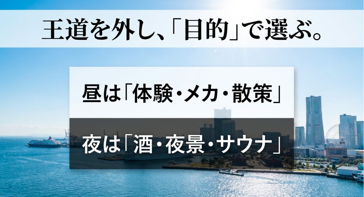この後に続く比較表とセットで視覚的にコンセプトを伝えることで、記事全体の構成（昼と夜の過ごし方）がスッと頭に入ります。