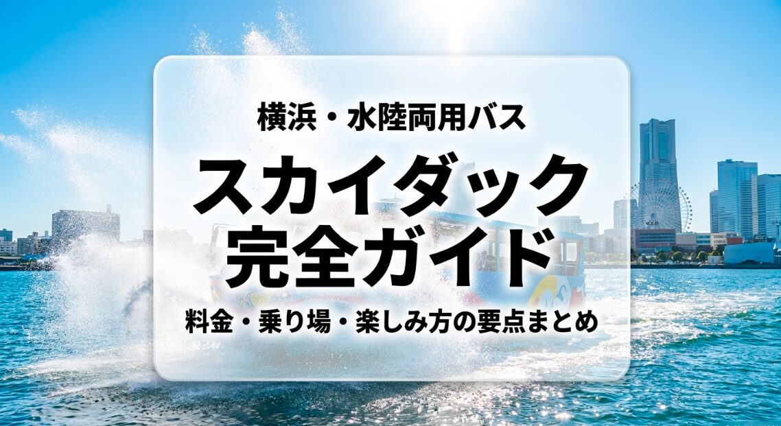 スカイダック横浜の完全ガイド。街から海へダイブし、陸と海を両方楽しめる水陸両用バスの特徴を説明したスライド。