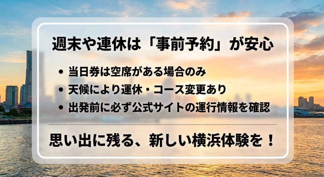 スカイダック横浜は週末や連休には事前予約が安心であること、当日券の条件や天候による運休について説明したスライド。