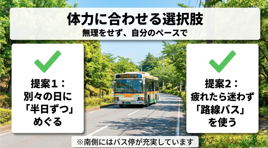 瀬谷八福神めぐりで無理をしないために、半日ずつ別々の日に巡る提案や、疲れたら迷わず路線バスを使う提案をまとめた図