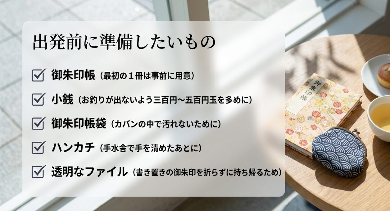 出発前に準備したいもの（御朱印帳、小銭、御朱印帳袋、ハンカチ、透明なファイル）
