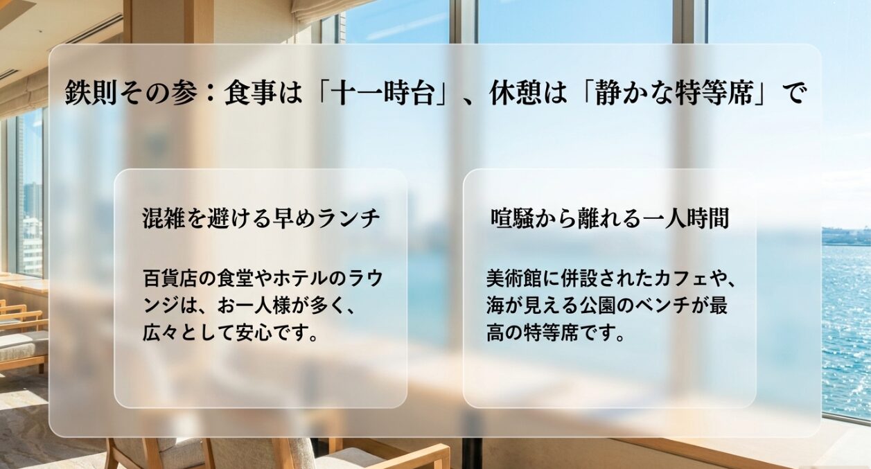 鉄則その3、食事は11時台、休憩は静かな特等席で。混雑を避ける早めランチと美術館カフェなどでの一人時間