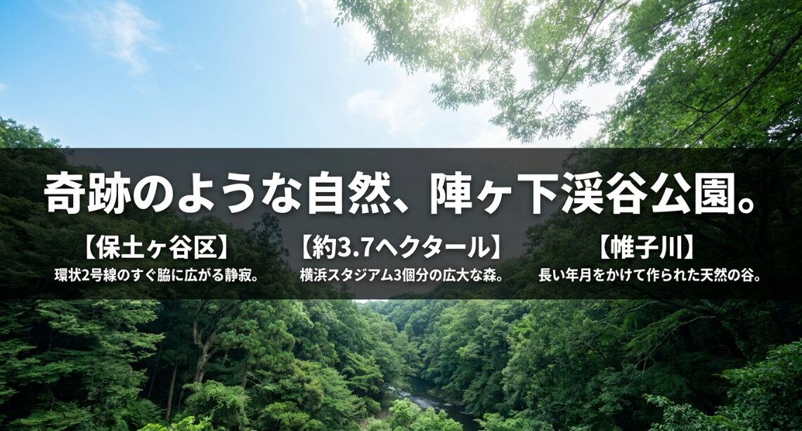 保土ヶ谷区にある約3.7ヘクタールの広大な森と帷子川が作り出した天然の谷、陣ヶ下渓谷公園の概要スライド