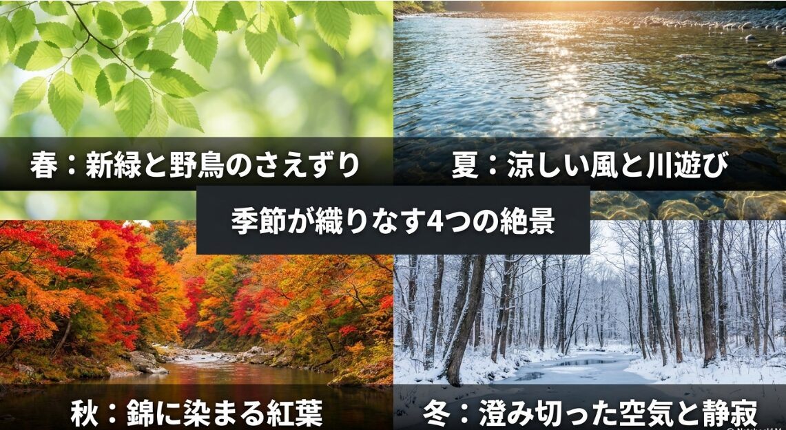 春の新緑、夏の川遊び、秋の紅葉、冬の静寂など、陣ヶ下渓谷公園の季節ごとの絶景を紹介するスライド