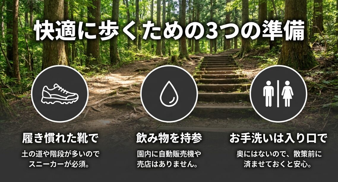 陣ヶ下渓谷公園を快適に歩くための準備として、スニーカー着用、飲み物持参、事前のお手洗い利用を呼びかけるスライド