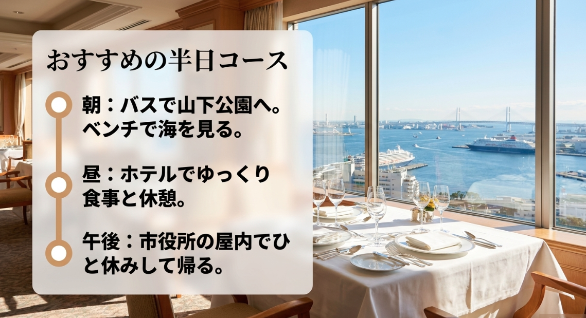 おすすめの半日コース。朝はバスで山下公園へ行きベンチで海を見る、昼はホテルでゆっくり食事と休憩、午後は市役所の屋内でひと休みして帰るというスケジュール例