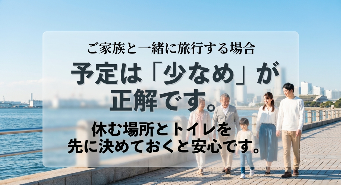 ご家族と一緒に旅行する場合、予定は「少なめ」が正解であり、休む場所とトイレを先に決めておくと安心であることを伝えるスライド