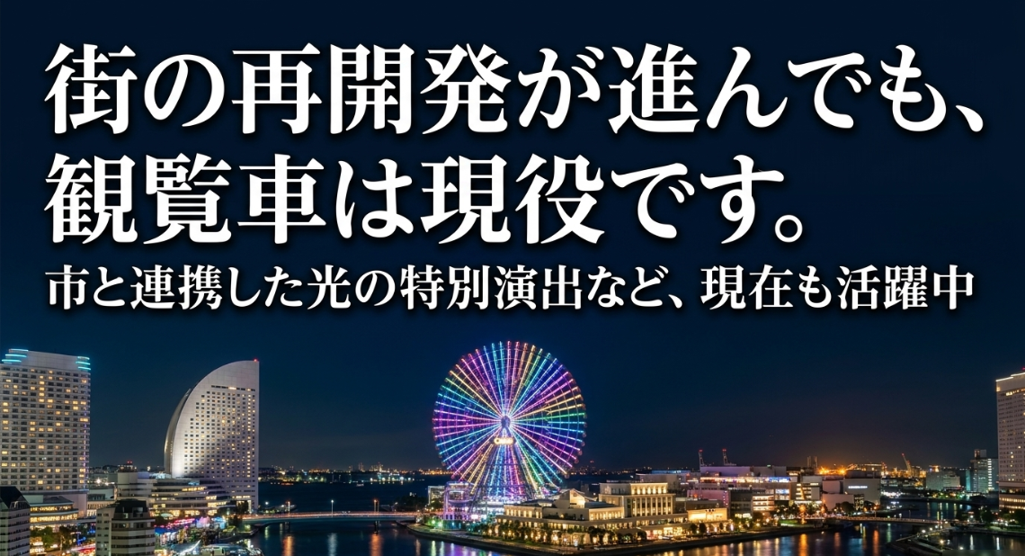 街の再開発が進む中でも、市と連携した特別演出などで現在も現役で活躍しているコスモクロック21のスライド