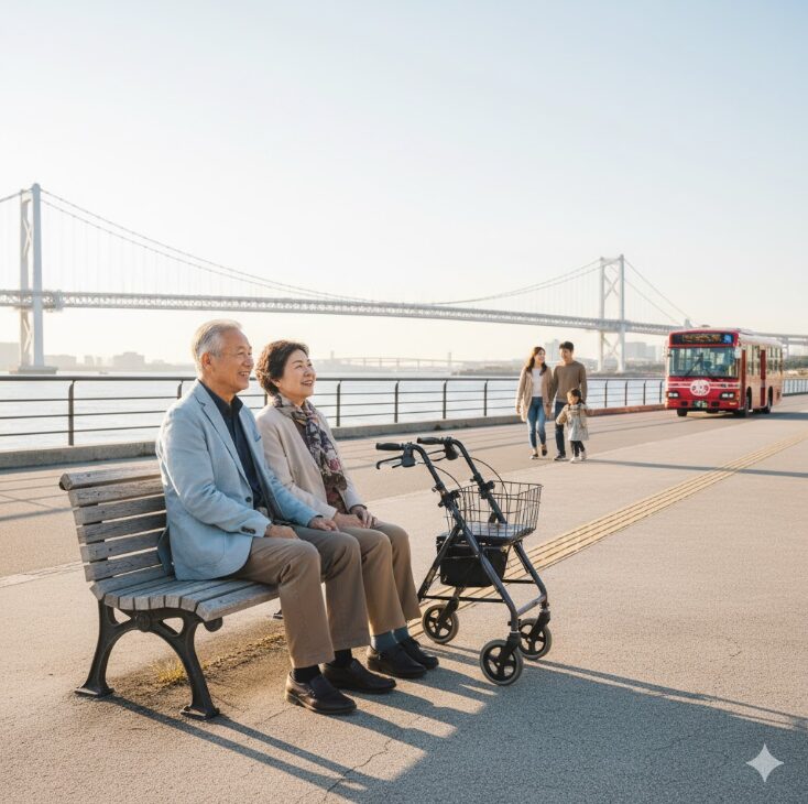 80代の日本人夫婦が横浜の海沿いのベンチに座って景色を楽しんでいる。その隣には歩行器があり、背景にはベイブリッジと周遊バス「あかいくつ」が見える。