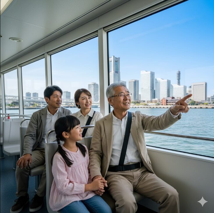 80代の日本人男性とその家族がシーバスに乗船し、窓から見える横浜の街並みを指差して楽しんでいる